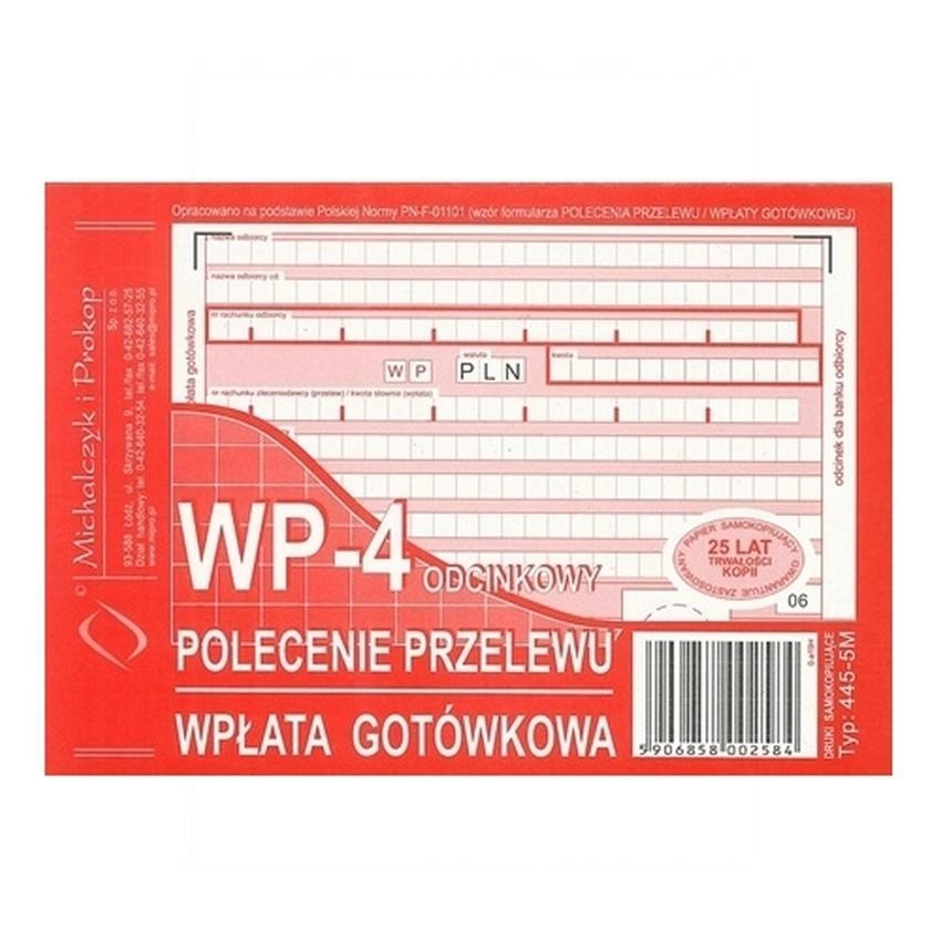 Wp - Polecenie Przelewu - Wpłata Gotówkowa - 4-Odcinkowe 445-5M