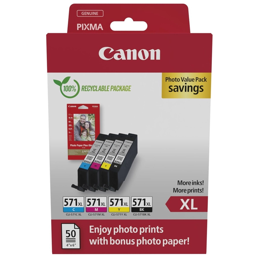 Zestaw tuszy Canon CLI-571XL [0332C006] + papier fotograficzny