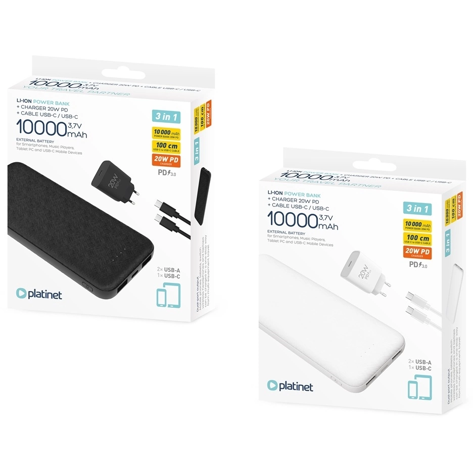 Powerbank 10000 mAh z ładowarką sieciową PD 20W i kablem 100 cm PLATINET