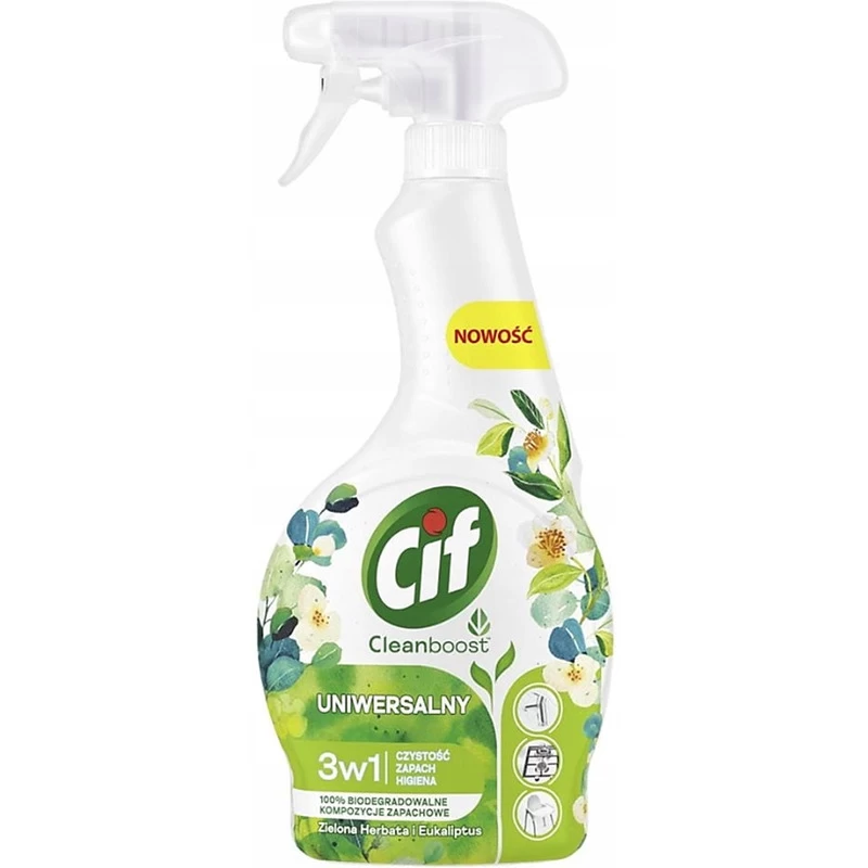 Uniwersalny spray Cif Cleanboost o zapachu zielonej herbaty i eukaliptusa