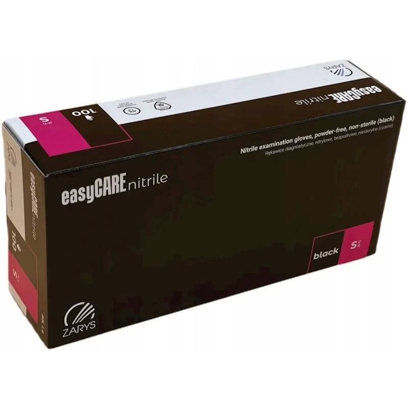 Rękawiczki nitrylowe bezpudrowe, kolor czarny, rozmiar S, opakowanie zawiera 100 sztuk, marka easyCARE.