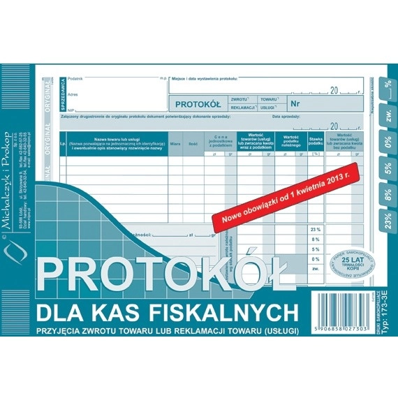 Protokół Dla Kas Fiskalnych Przyjęcia Zwrotu Towaru Lub Reklamacji Towaru  Lub Usługi 173-3E