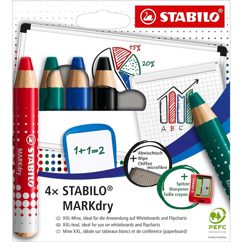 Kredki do tablic z temperówką i ściereczką STABILO MARKdry
