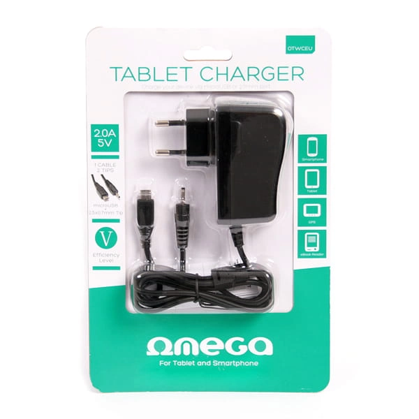 Ładowarka sieciowa OMEGA 230V z dwoma wyjściami: 1 x microUSB i 1 x 2,5 x 0,7 mm