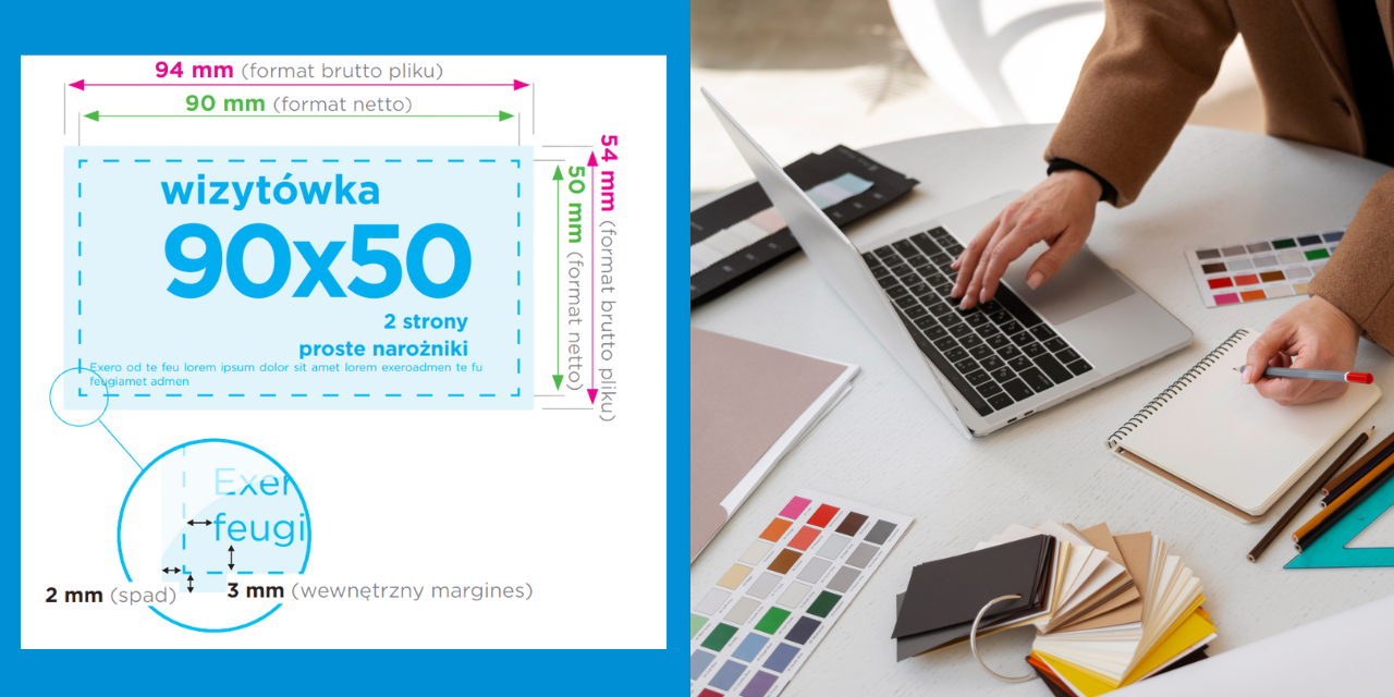 Wymiary wizytówki do druku 90x50 mm z marginesami i spadami | TuszTusz.pl